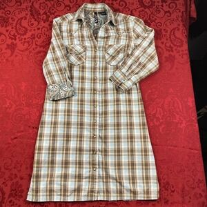 RU Cowgirl Dress Long Western Shirt Pearl Snap Womens S Plaid Flip Cuff Paisley